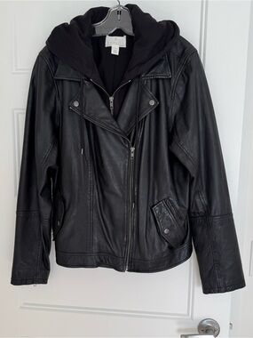 Caslon Black Leather Moto Jacket with Hooded Insert